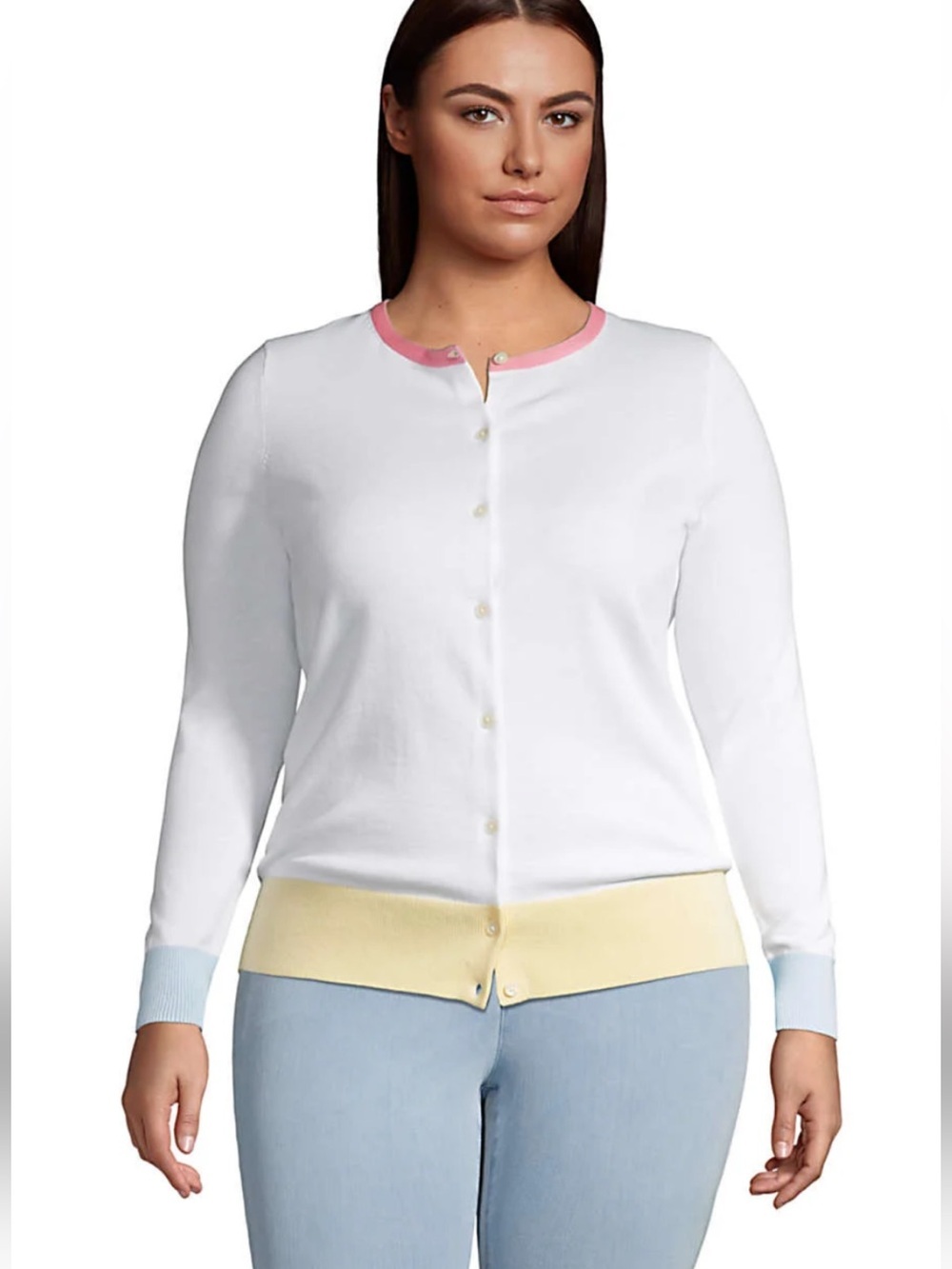 Lands' End White Large 100% Cotton Cardigan with Contrasting Trim and Neckline